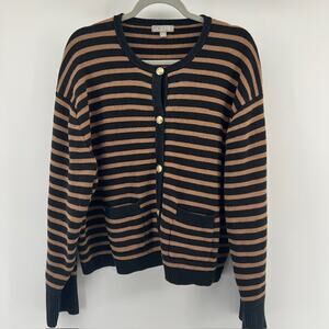 J Crew Emilie Button Sweater Lady Jacket Womens XXL Black Tan Stripe Cotton Prep